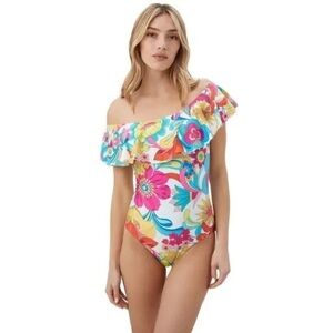Trina Turk‎ Fontaine Off The Shoulder One Piece Swimsuit Ruffle Shoulder Size 10